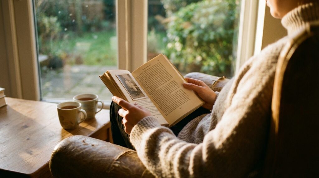 Persona relajada leyendo un libro junto a una ventana soleada