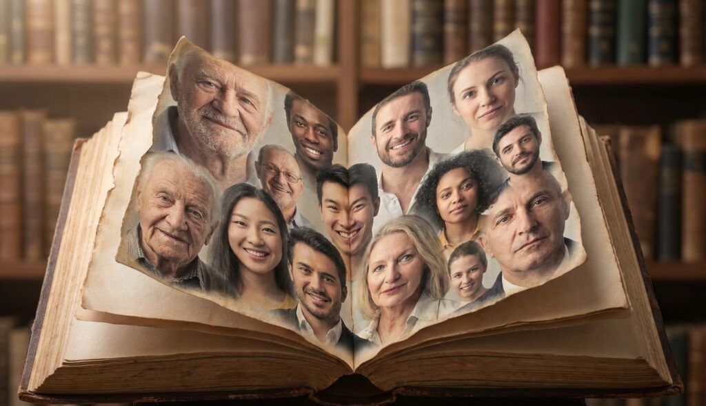 Concepto artístico de empatía y rostros humanos entrelazados