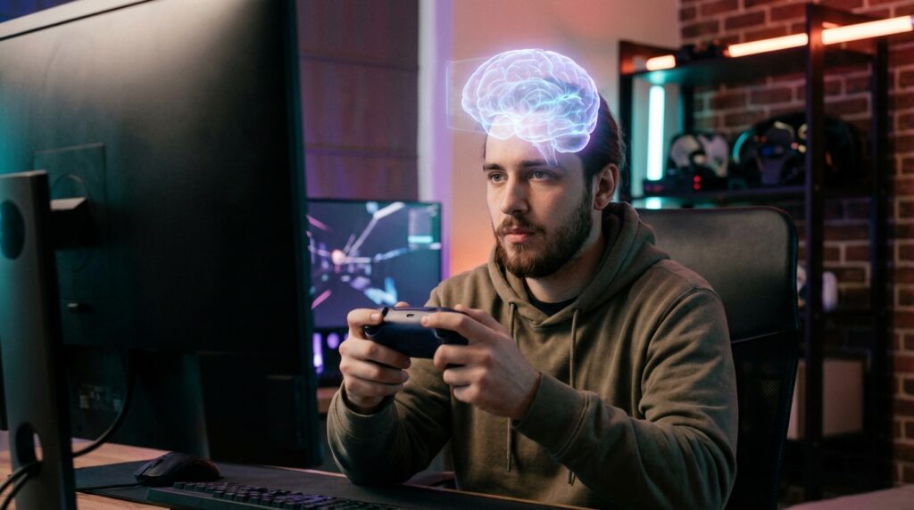 Persona jugando videojuegos con representación de actividad cerebral