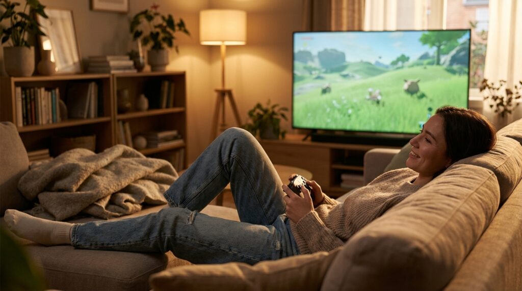 Persona relajada jugando videojuegos para reducir el estrés