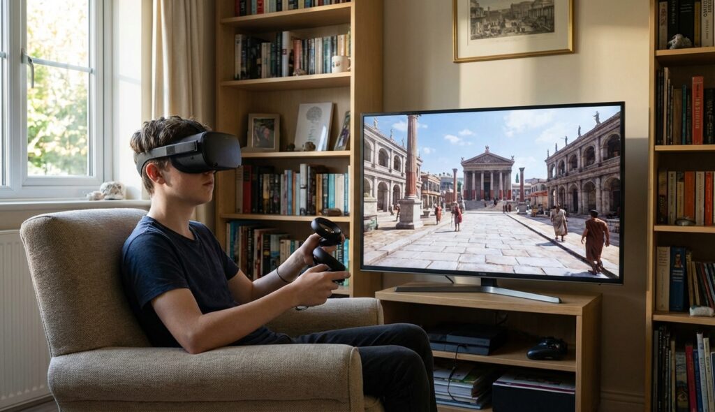 Estudiante aprendiendo historia a través de un videojuego