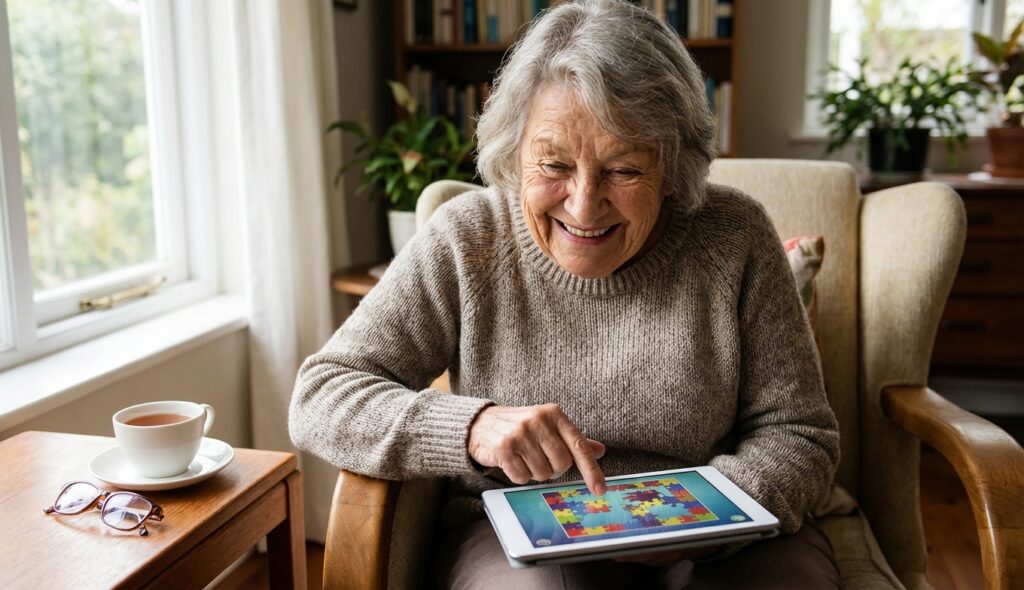 Adulto mayor ejercitando su mente con videojuegos