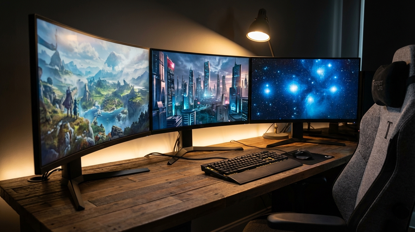 Setup de videojuegos profesional con iluminación cinematográfica