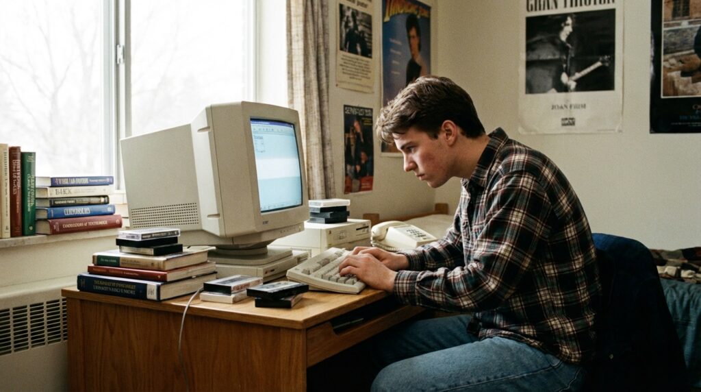 ¿Quién es Linus Torvalds y sus contribuciones al mundo? 2 Estudiante universitario trabajando en una computadora antigua en los años 90