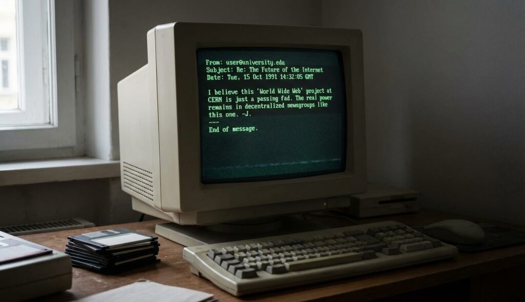 ¿Quién es Linus Torvalds y sus contribuciones al mundo? 3 Mensaje original de Linus Torvalds en un monitor antiguo