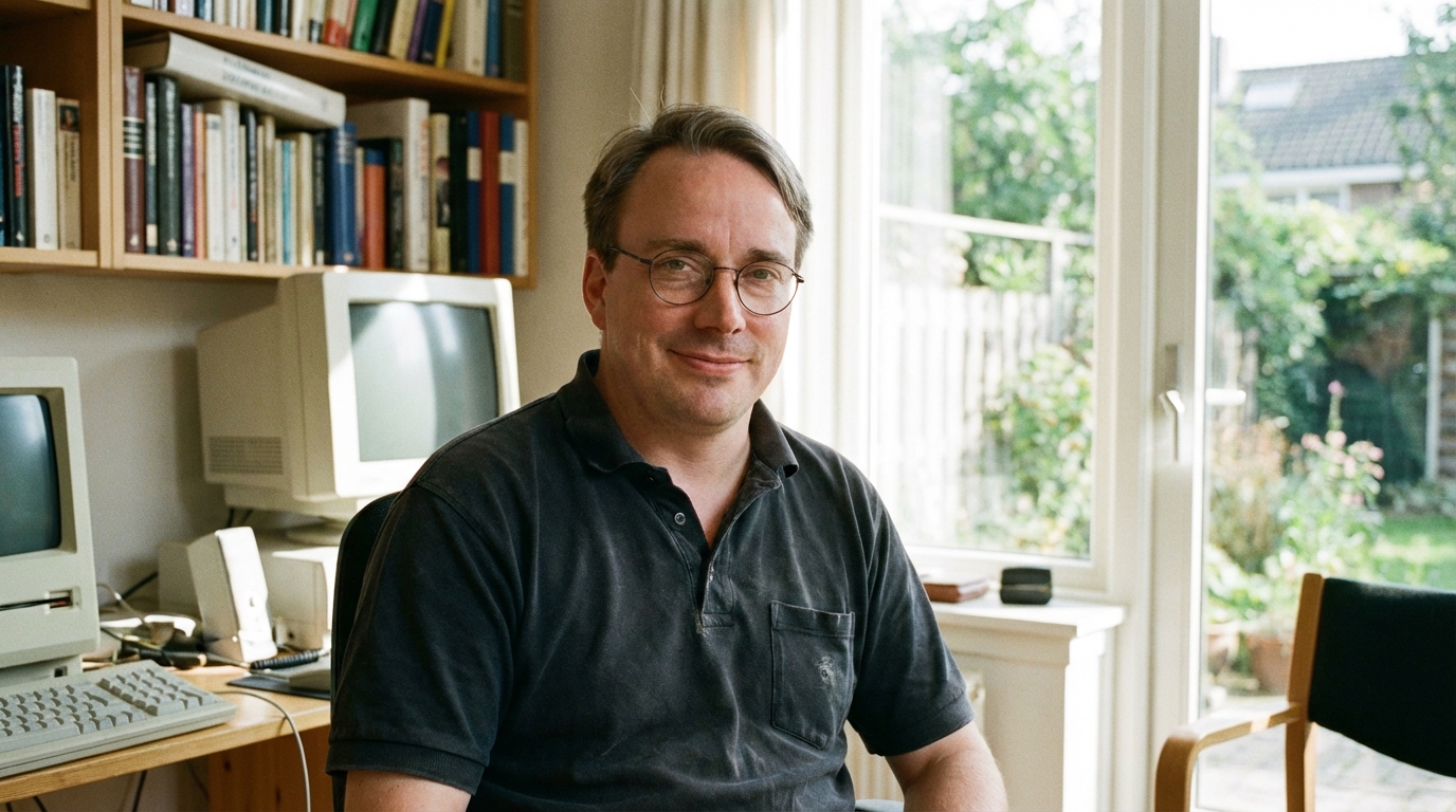 Retrato profesional de Linus Torvalds en un ambiente relajado