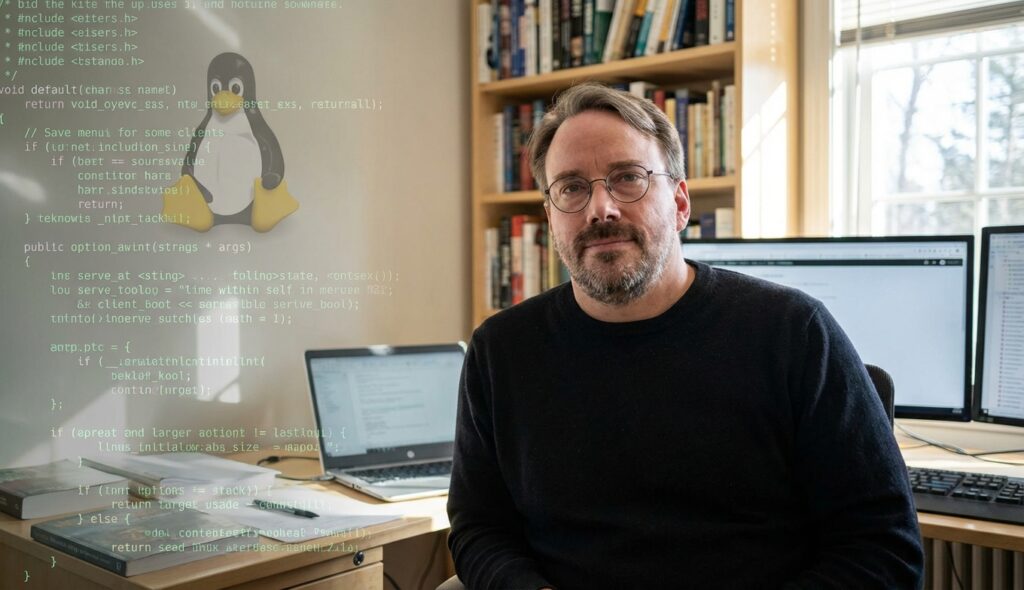 ¿Quién es Linus Torvalds y sus contribuciones al mundo? 6 Retrato de Linus Torvalds con elementos de código y el logo de Linux