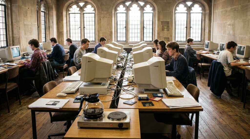 Historia de la cámara web: el café que cambió todo 2 Laboratorio de computación antiguo en Cambridge con cafetera