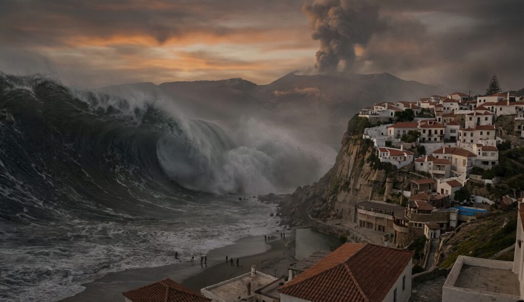 Tsunami golpeando la costa minoica tras la erupción de Thera