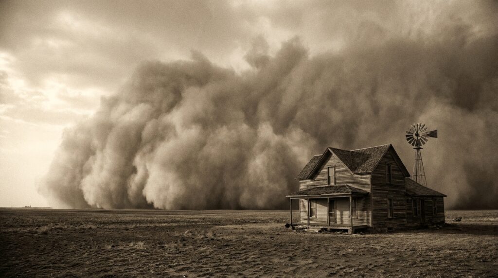 Tormenta de polvo del Dust Bowl acercándose a una granja