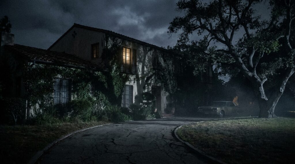 Mansión de Hollywood bajo una luz nocturna siniestra y sombría