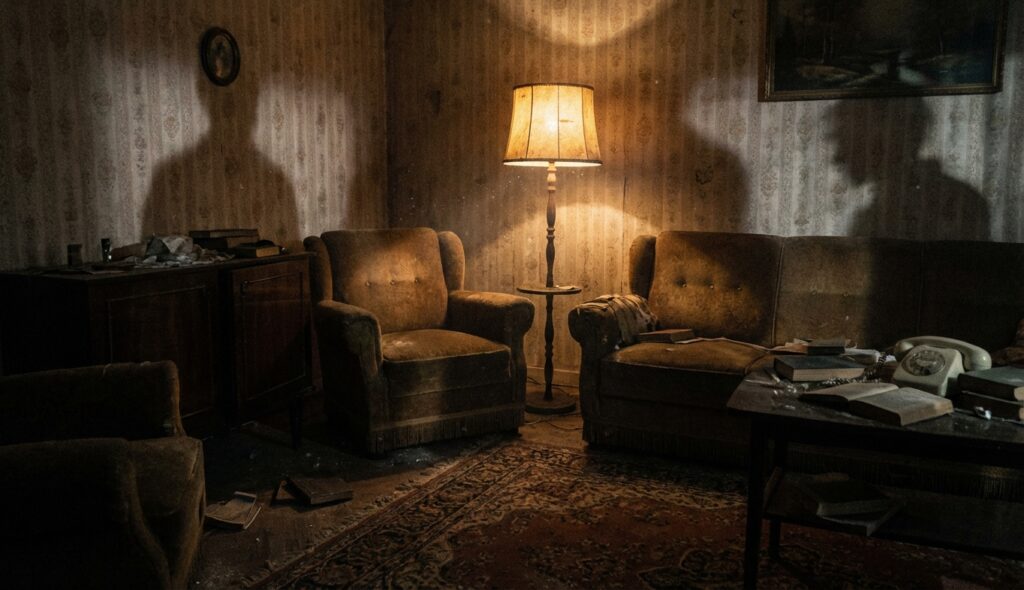 Interior de una casa antigua con sombras amenazantes y atmósfera de terror