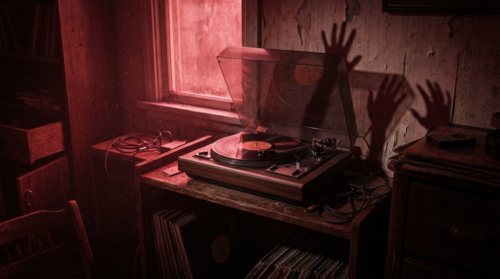 Tocadiscos en una habitación oscura con iluminación roja siniestra