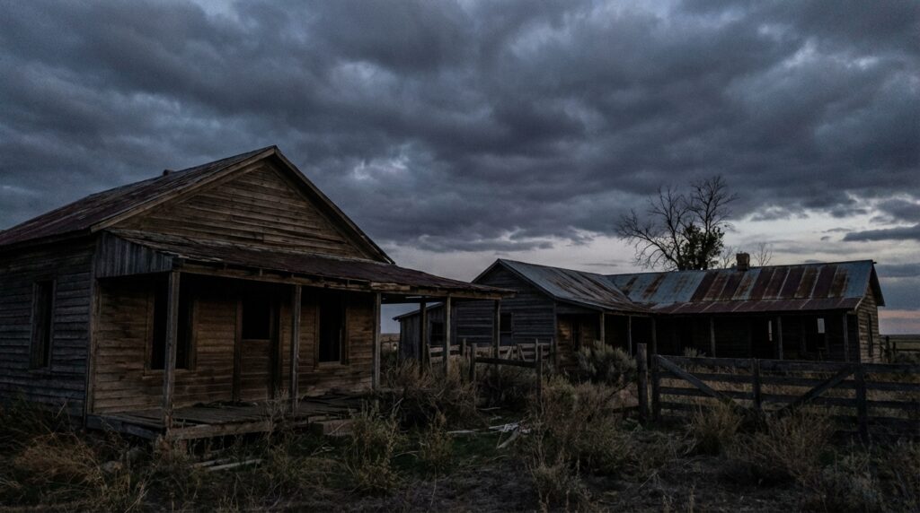 Rancho abandonado y decrépito bajo un cielo crepuscular inquietante