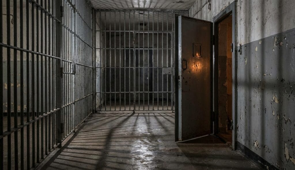 Pasillo de prisión oscuro y frío con sombras de barrotes