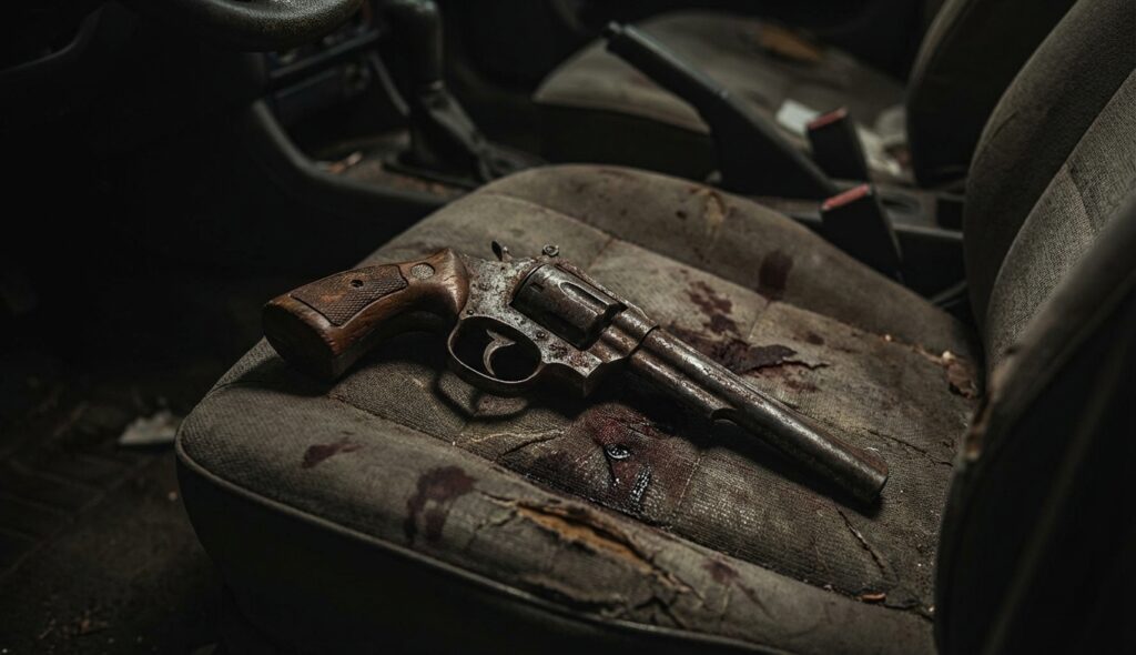 Revólver oxidado en el asiento de un coche con iluminación siniestra
