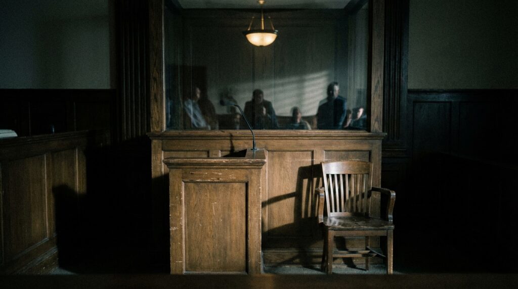 Escena de tribunal con sombras opresivas y atmósfera de terror