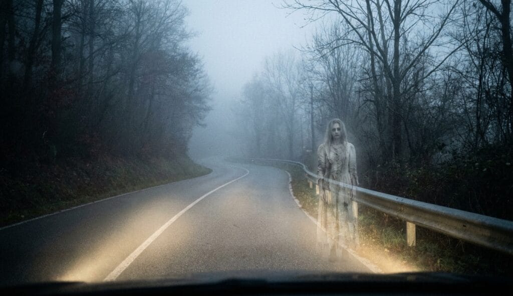 Figura fantasmal de una mujer en una carretera con niebla a medianoche