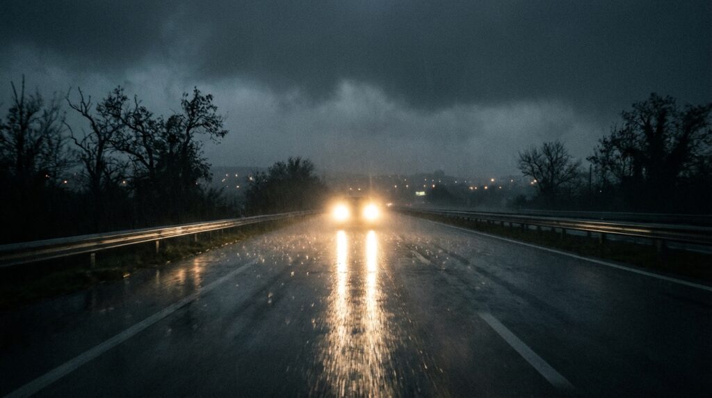 Carretera nocturna siniestra bajo la lluvia con atmósfera de terror