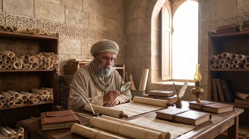 Erudito árabe estudiando álgebra en una biblioteca antigua