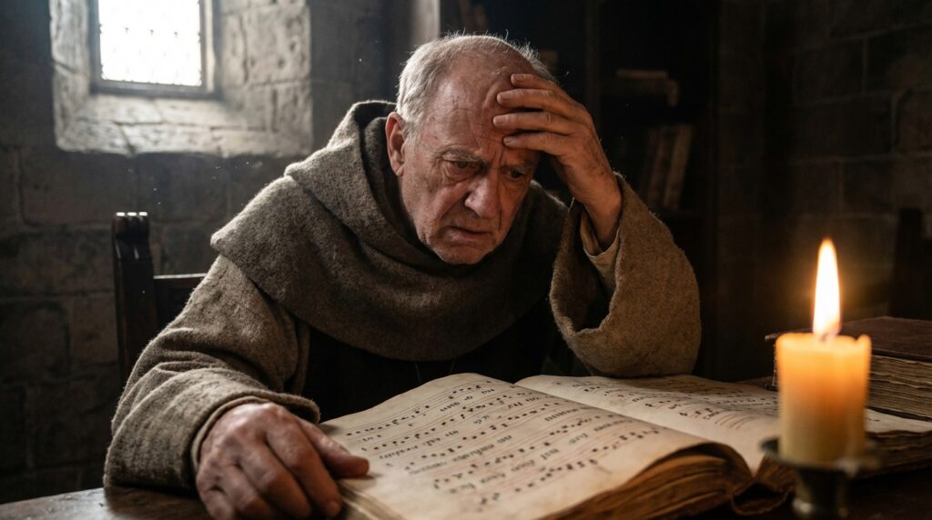 Monje medieval preocupado revisando una partitura antigua