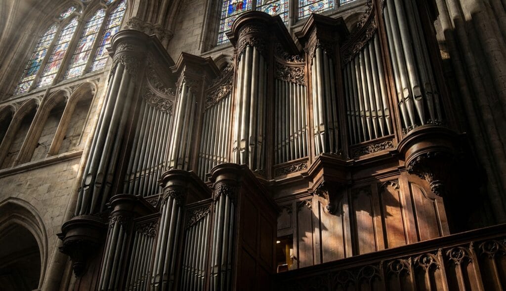 Órgano de catedral gótica con iluminación dramática