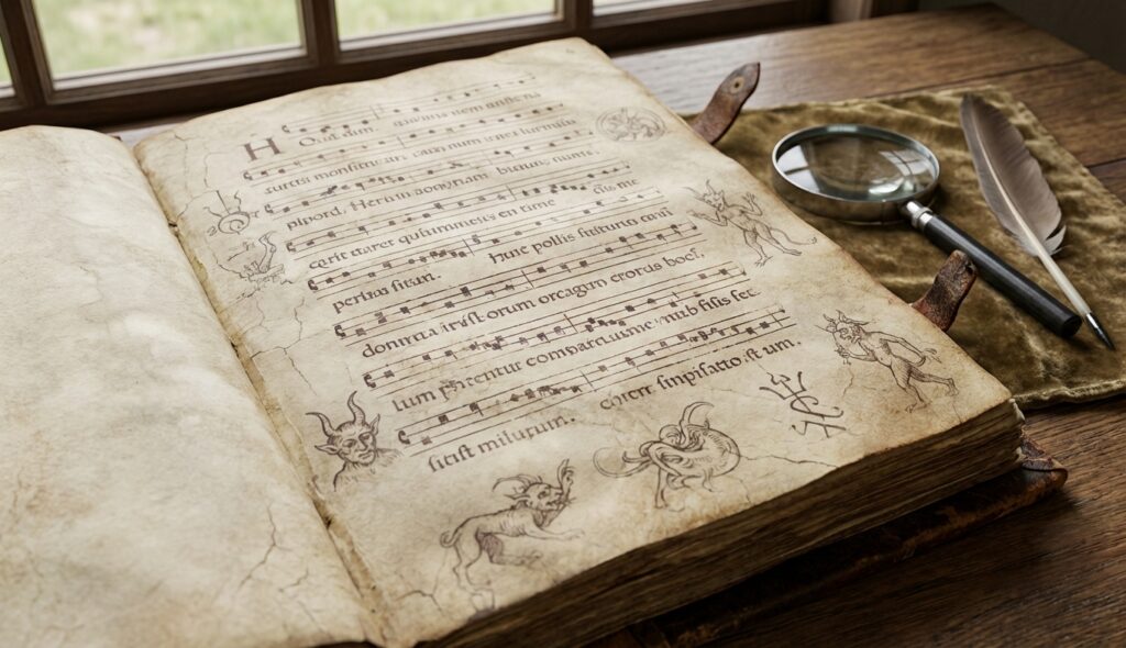 Manuscrito musical antiguo con dibujos marginales de figuras oscuras