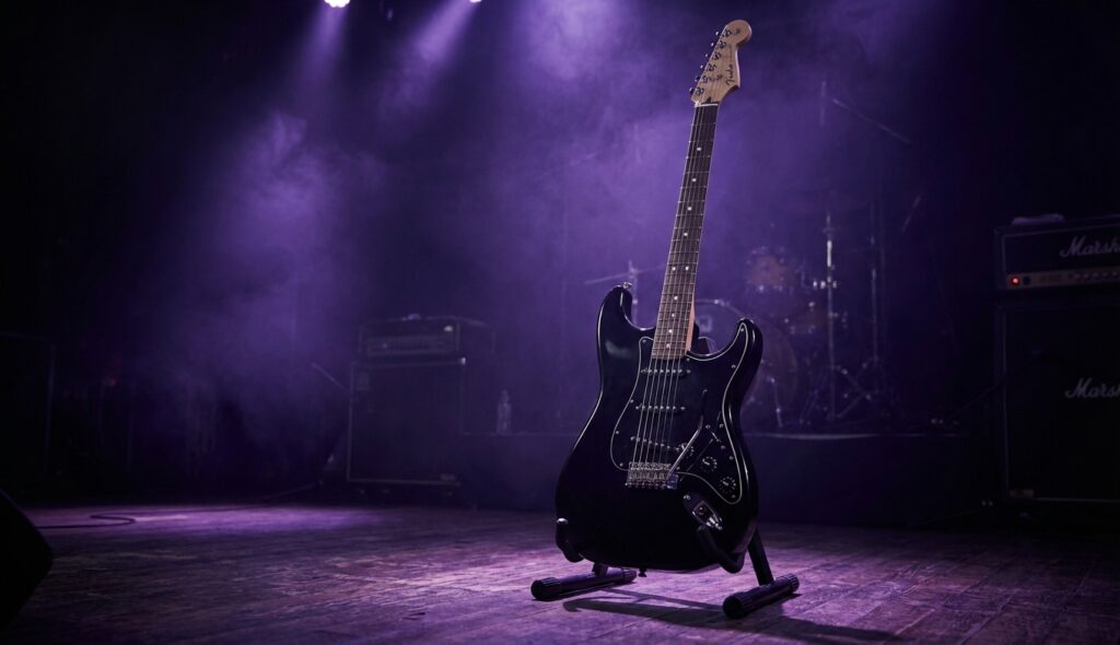 Guitarra eléctrica en un escenario oscuro con humo y luces púrpuras