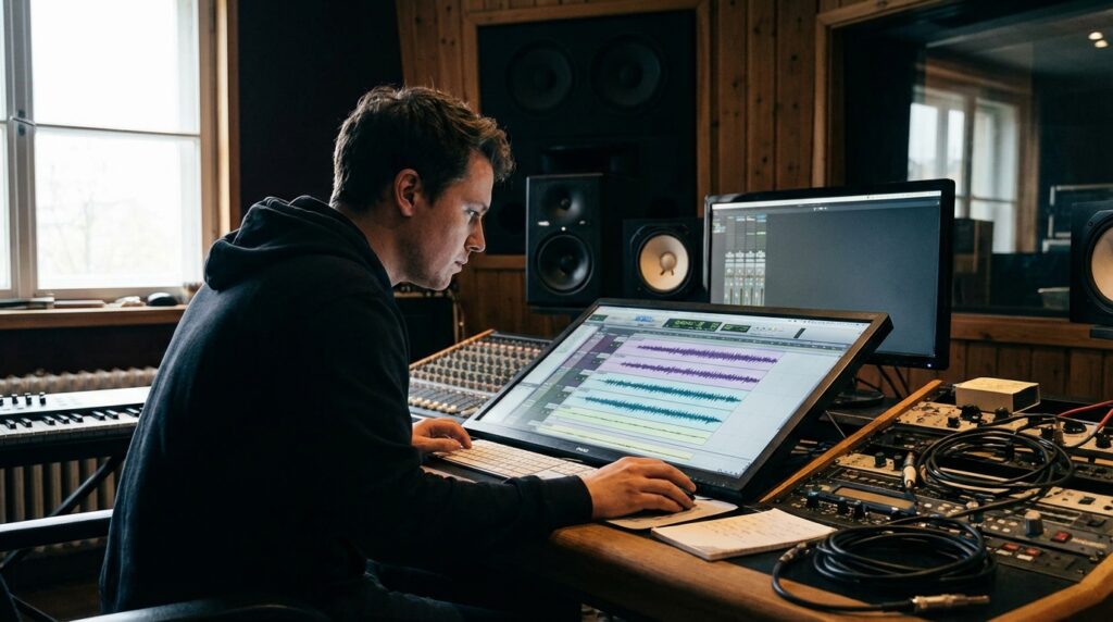 Productor musical moderno trabajando en un estudio con ondas sonoras