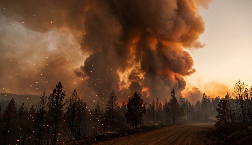 Gran incendio forestal con columna de humo masiva