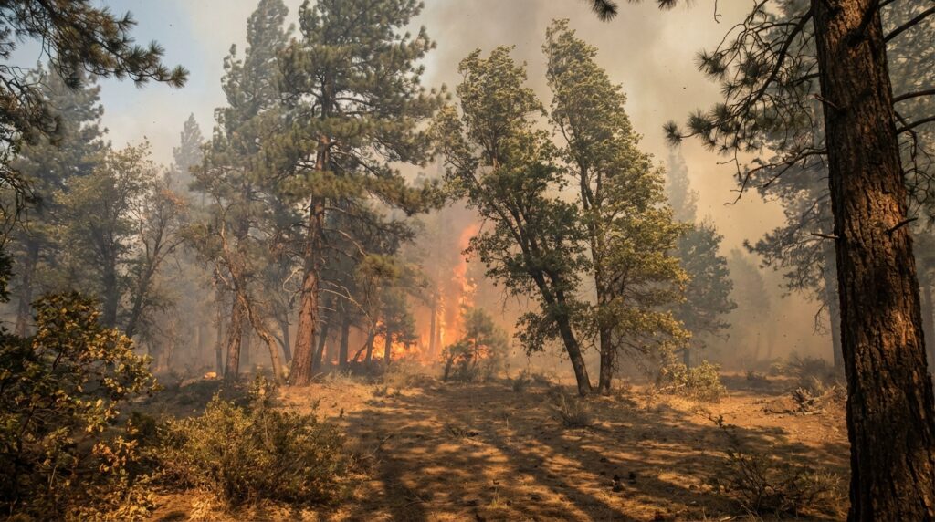 Vientos intensos doblando árboles cerca de un incendio