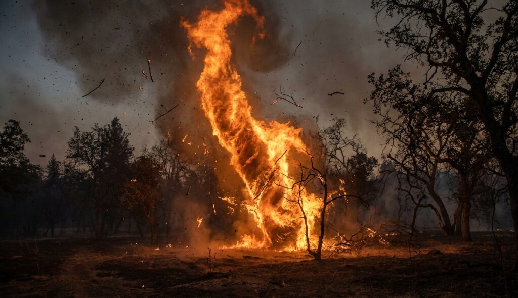 Tornado de fuego girando en un claro del bosque