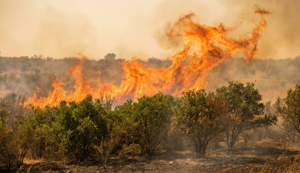 Llamas inclinadas por el viento precalentando el bosque
