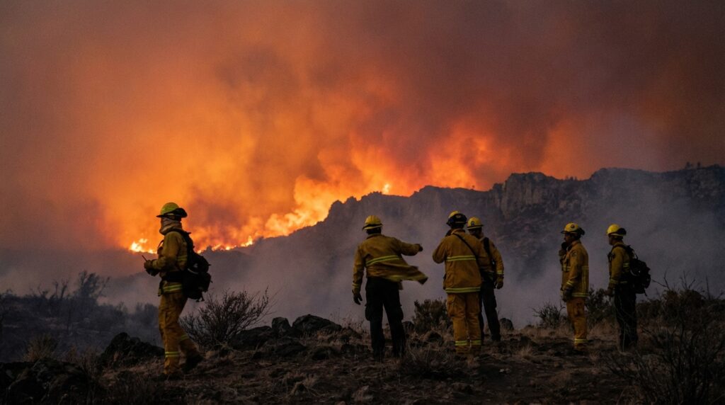 Bomberos observando el frente de un incendio masivo