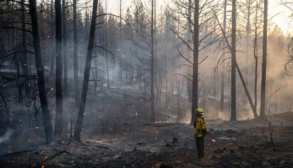 Brasas brillantes llevadas por la brisa tras un incendio