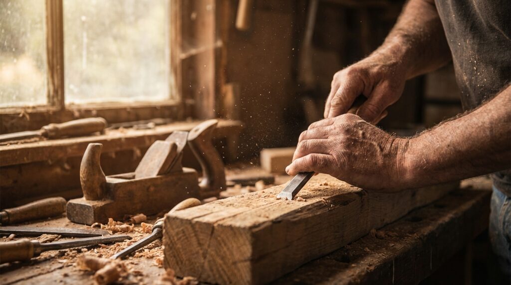 Manos trabajando madera en un taller rústico con iluminación cálida
