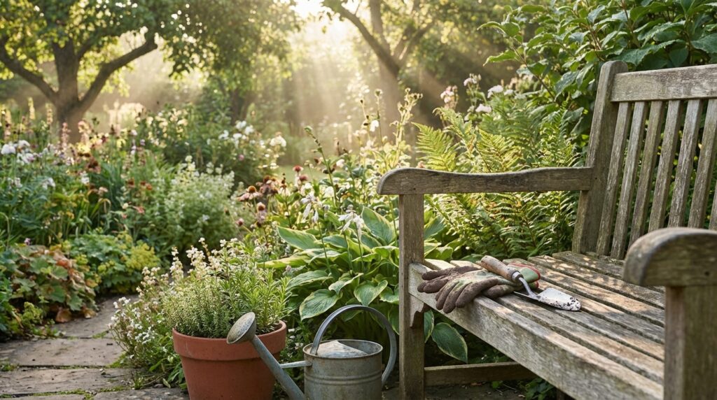 Jardín doméstico tranquilo con luz solar matutina