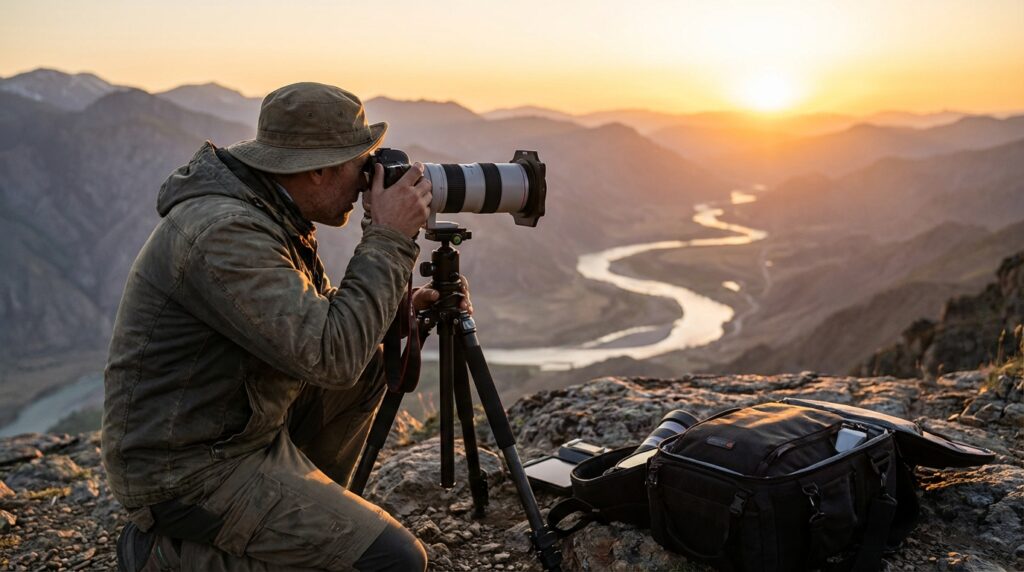Fotógrafo capturando un paisaje durante el atardecer