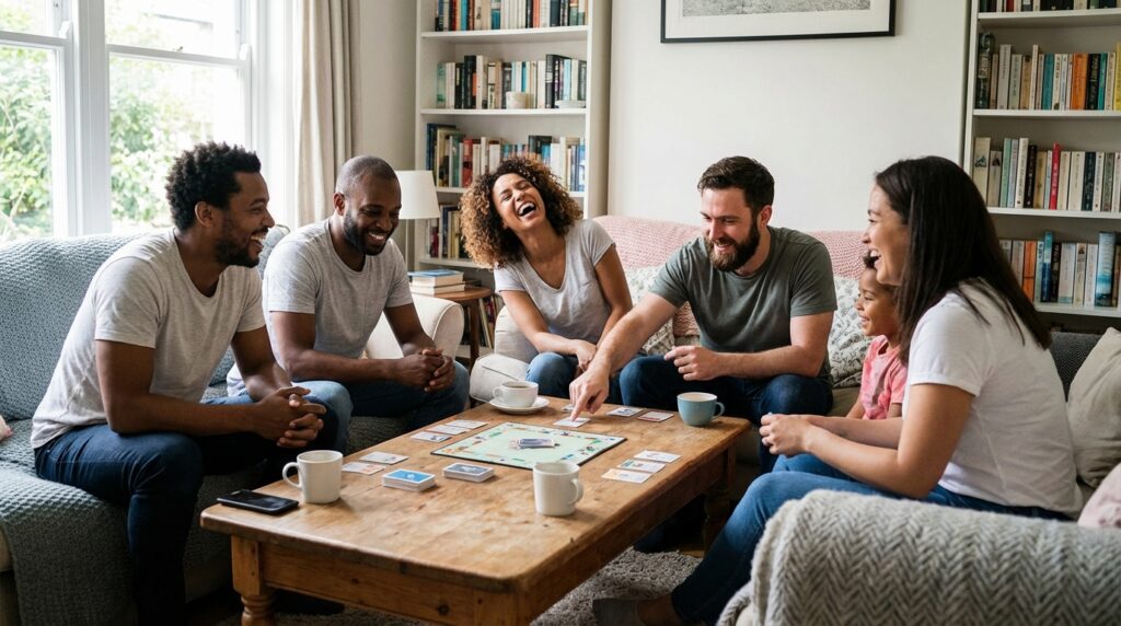 Grupo de personas riendo y jugando un juego de mesa en una sala acogedora