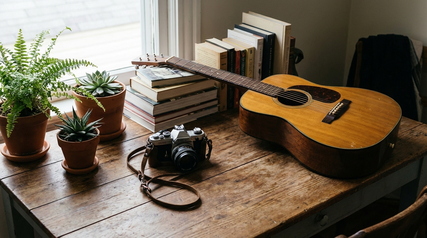 Composición artística de diversos objetos de pasatiempos sobre una mesa de madera