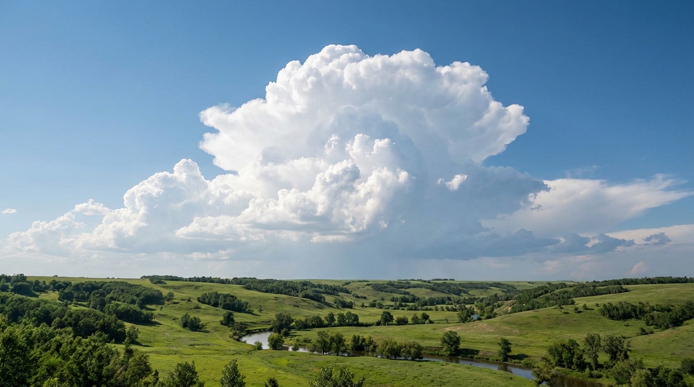 Nube cúmulo blanca y masiva flotando en un cielo azul despejado