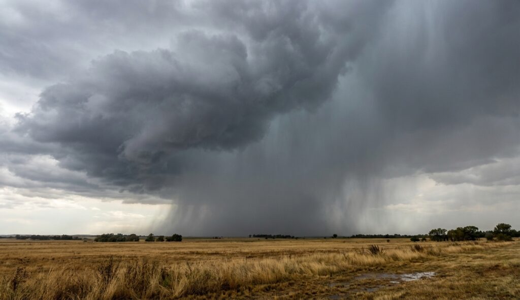 Lluvia cayendo de una nube oscura sobre un campo abierto
