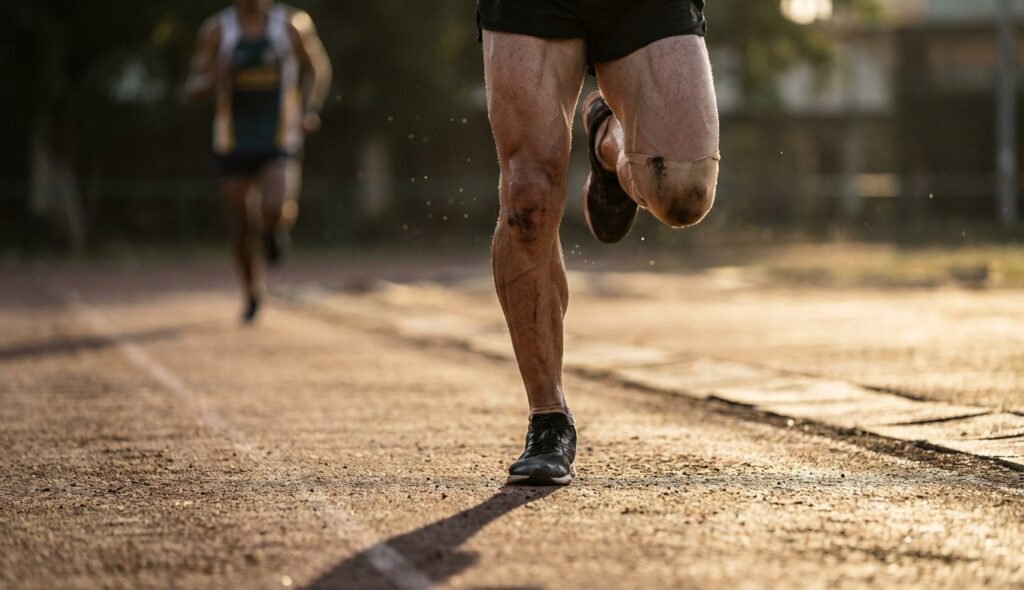 Corredor sintiendo fatiga muscular en las piernas