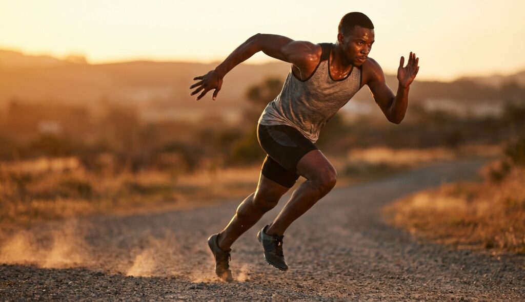 Atleta de élite esprintando en una pista de atletismo