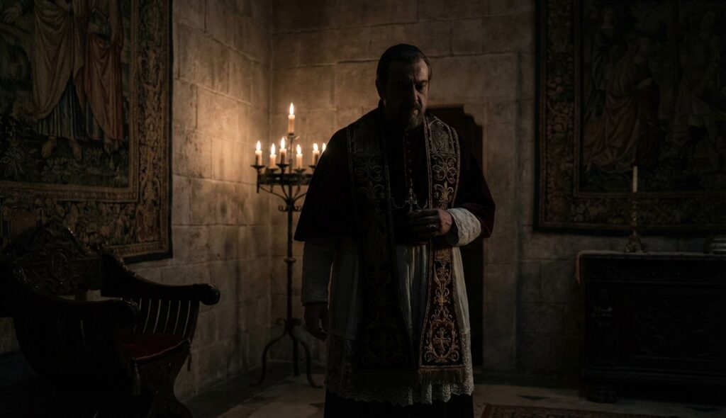 Rodrigo Borgia en una habitación oscura del Vaticano con atmósfera siniestra