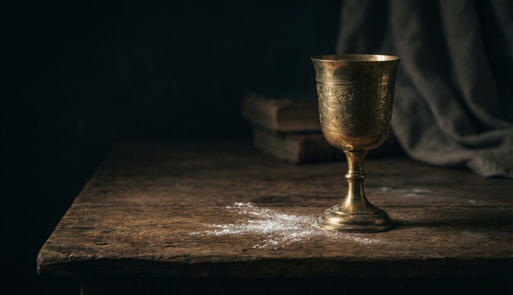 Cáliz dorado con veneno Cantarella en una mesa oscura