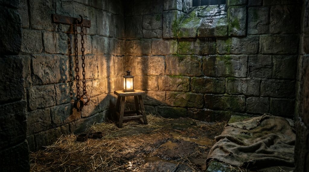 Mazmorra oscura y húmeda con cadenas en el Vaticano de los Borgia
