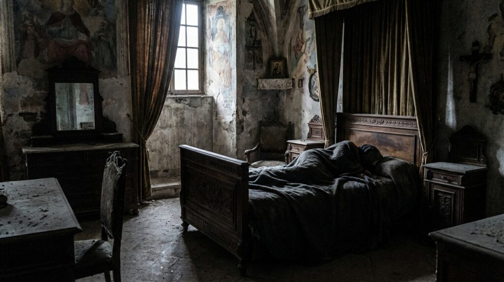 Cámara papal oscura y decadente que muestra el final de Rodrigo Borgia