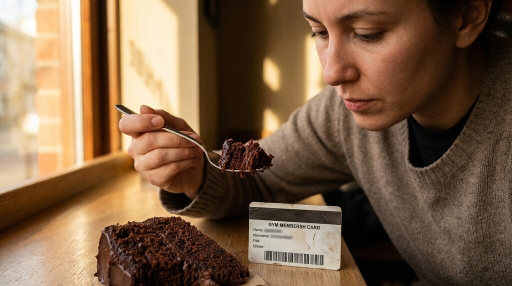 Disonancia cognitiva: por qué nos mentimos a nosotros mismos 4 Persona comiendo pastel frente a un carnet de gimnasio mostrando contradicción