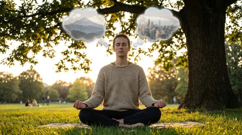 Disonancia cognitiva: por qué nos mentimos a nosotros mismos 7 Persona meditando con burbujas de pensamiento superpuestas que representan ideas opuestas